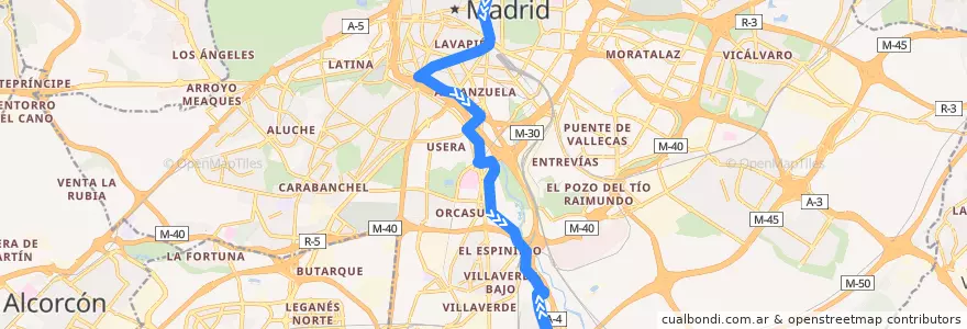 Mapa del recorrido Bus N12: Cibeles → Los Rosales de la línea  en Madrid.