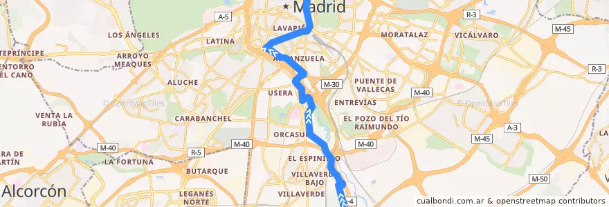 Mapa del recorrido Bus N12: Los Rosales → Cibeles de la línea  en Мадрид.