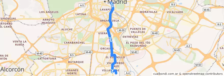 Mapa del recorrido Bus N13: Cibeles → San Cristobal de la línea  en Madrid.