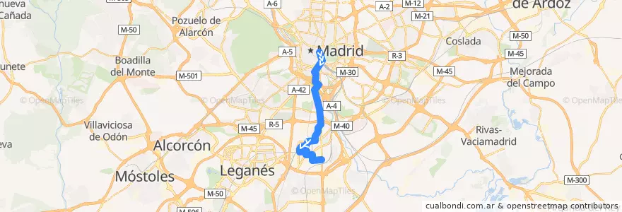 Mapa del recorrido Bus N14: Cibeles → Villaverde Alto de la línea  en Мадрид.