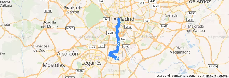 Mapa del recorrido Bus N14: Villaverde Alto → Cibeles de la línea  en Madrid.