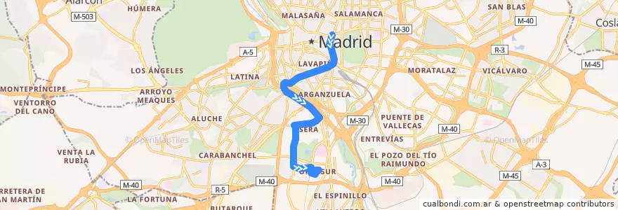 Mapa del recorrido Bus N15: Cibeles → Orcasur de la línea  en Madrid.