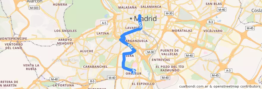 Mapa del recorrido Bus N15: Orcasur → Cibeles de la línea  en Madrid.