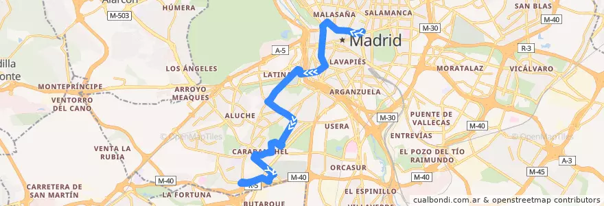 Mapa del recorrido Bus N16: Cibeles → La Peseta de la línea  en Madrid.