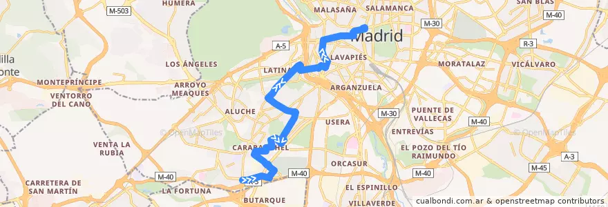 Mapa del recorrido Bus N16: La Peseta → Cibeles de la línea  en Madrid.