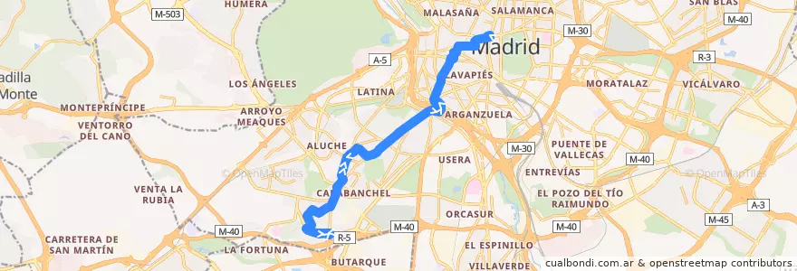 Mapa del recorrido Bus N17: Carabanchel Alto → Cibeles de la línea  en Madrid.