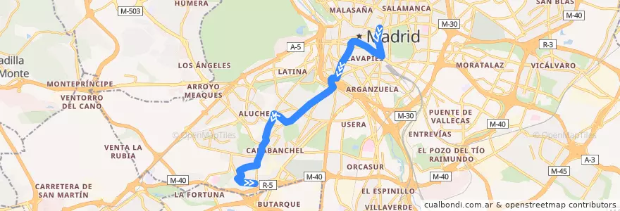 Mapa del recorrido Bus N17: Cibeles → Carabanchel Alto de la línea  en مدريد.
