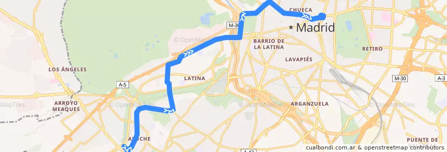 Mapa del recorrido Bus N18: Aluche → Cibeles de la línea  en Madrid.