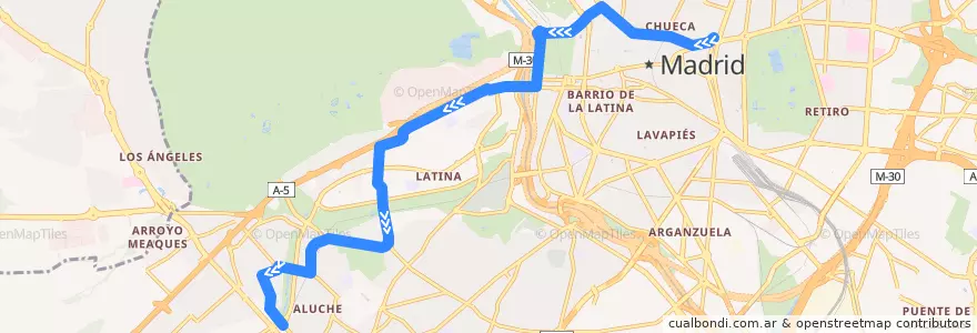 Mapa del recorrido Bus N18: Cibeles → Aluche de la línea  en Madrid.