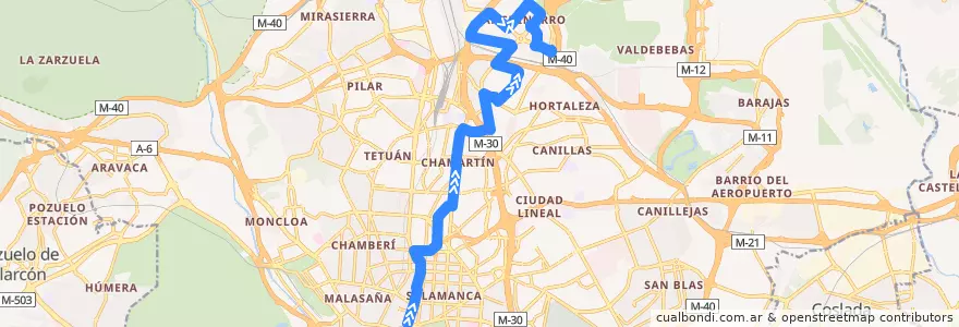 Mapa del recorrido Bus N1: Cibeles → Sanchinarro de la línea  en Madrid.
