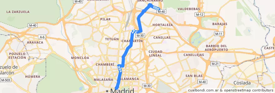Mapa del recorrido Bus N1: Sanchinarro → Cibeles de la línea  en Madrid.