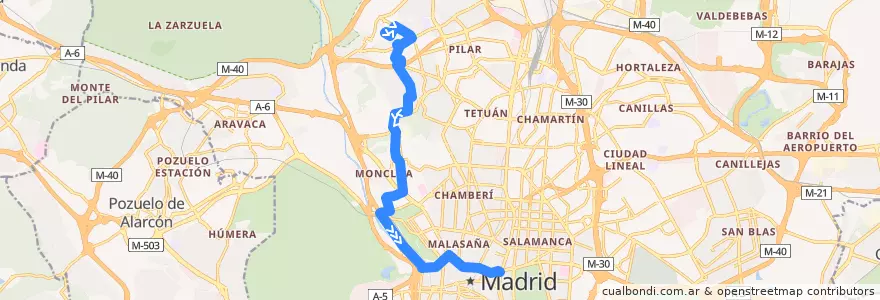 Mapa del recorrido Bus N20: Barrio Peñagrande → Cibeles de la línea  en مدريد.