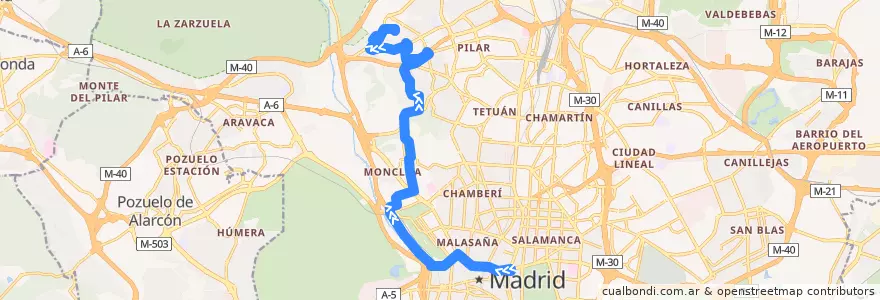 Mapa del recorrido Bus N20: Cibeles → Barrio Peñagrande de la línea  en Madrid.