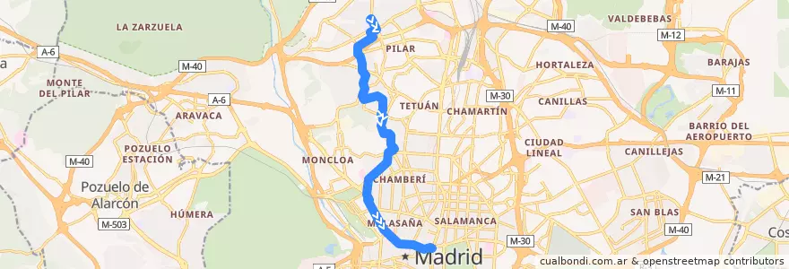 Mapa del recorrido Bus N21: Arroyo Fresno → Cibeles de la línea  en Madrid.