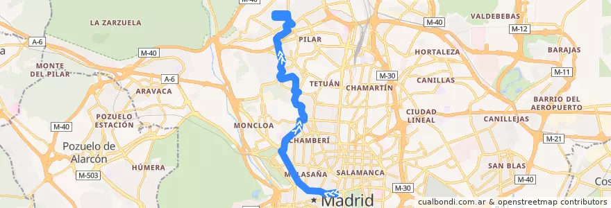 Mapa del recorrido Bus N21: Cibeles → Arroyo Fresno de la línea  en Мадрид.