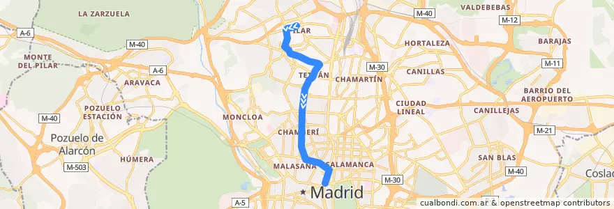 Mapa del recorrido Bus N22: Barrio Del Pilar → Cibeles de la línea  en Madrid.