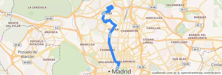 Mapa del recorrido Bus N22: Cibeles → Barrio Del Pilar de la línea  en Madrid.