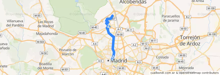 Mapa del recorrido Bus N23: Cibeles → Montecarmelo de la línea  en 마드리드.