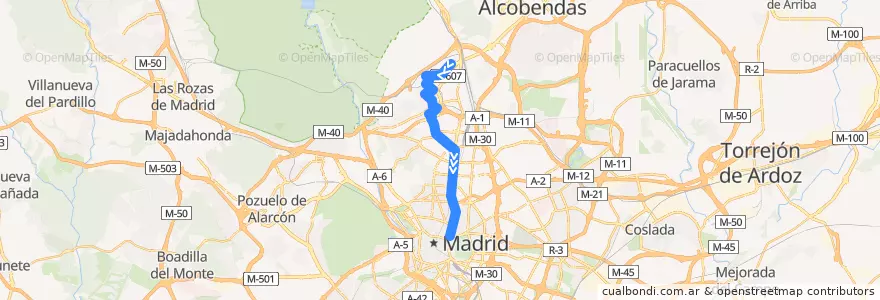 Mapa del recorrido Bus N23: Montecarmelo → Cibeles de la línea  en 마드리드.