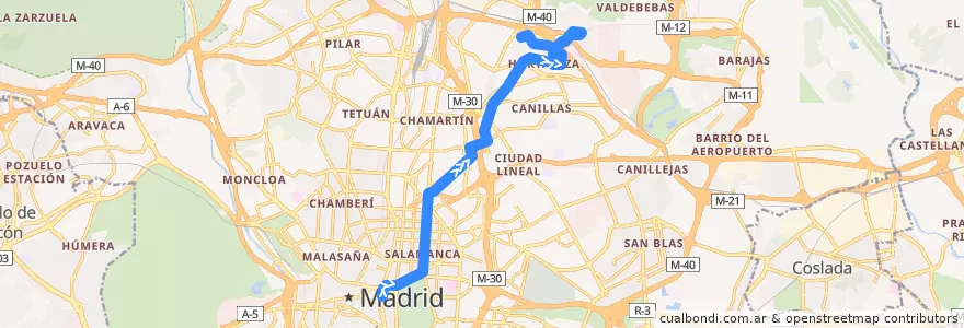 Mapa del recorrido Bus N2: Cibeles → Hortaleza de la línea  en Madrid.