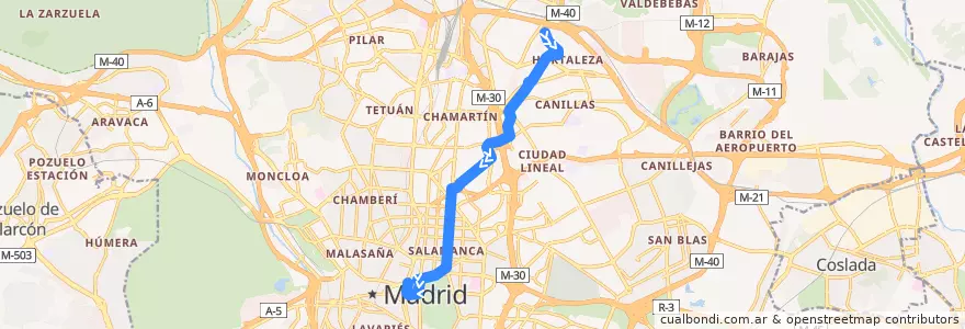Mapa del recorrido Bus N2: Hortaleza → Cibeles de la línea  en 마드리드.