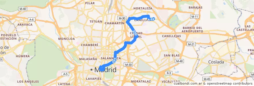 Mapa del recorrido Bus N3: Canillas → Cibeles de la línea  en Madrid.