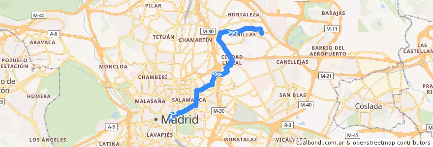 Mapa del recorrido Bus N3: Cibeles → Canillas de la línea  en Madrid.