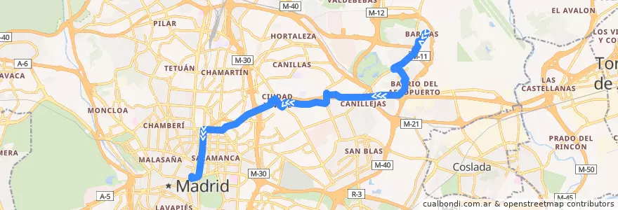 Mapa del recorrido Bus N4: Barajas → Cibeles de la línea  en Madrid.