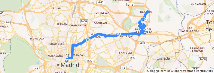 Mapa del recorrido Bus N4: Cibeles → Barajas de la línea  en Madrid.