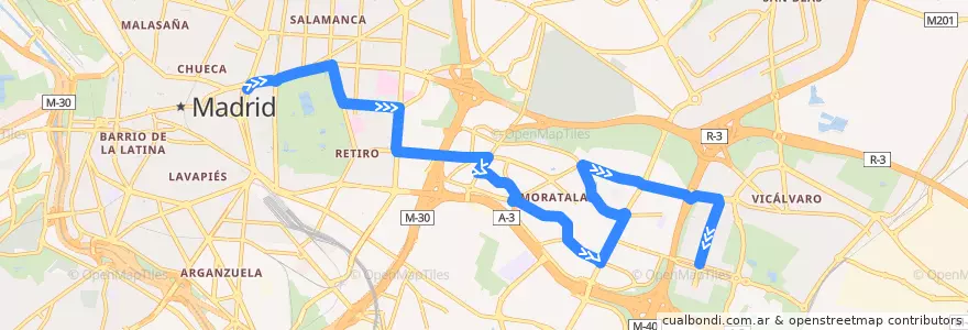 Mapa del recorrido Bus N8: Cibeles → Valdebernardo de la línea  en Мадрид.