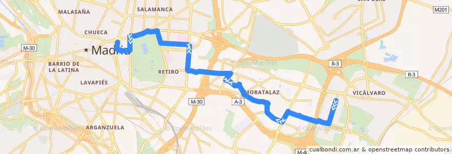 Mapa del recorrido Bus N8: Valdebernardo → Cibeles de la línea  en Madrid.
