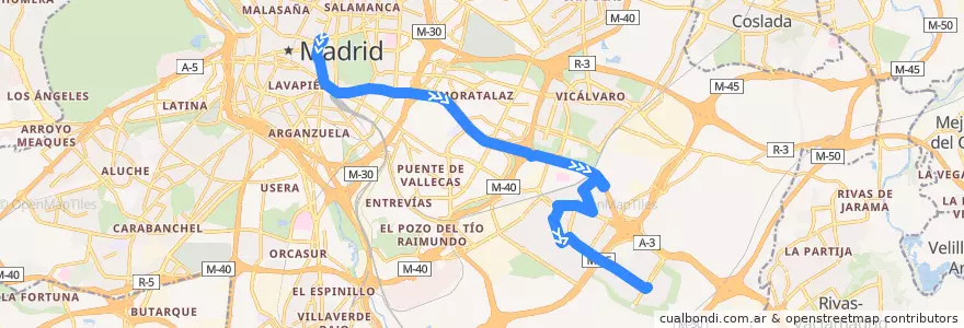 Mapa del recorrido Bus N9: Cibeles → Ensanche Vallecas de la línea  en Мадрид.