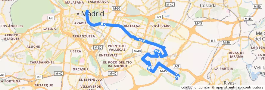 Mapa del recorrido Bus N9: Ensanche Vallecas → Cibeles de la línea  en Madrid.