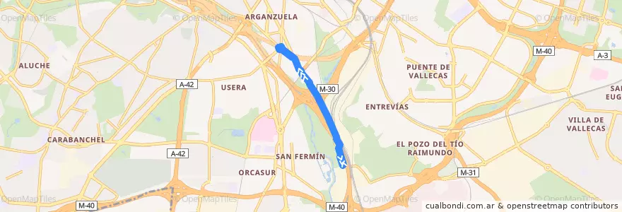 Mapa del recorrido Bus 180: Caja Mágica → Legazpi de la línea  en Madrid.