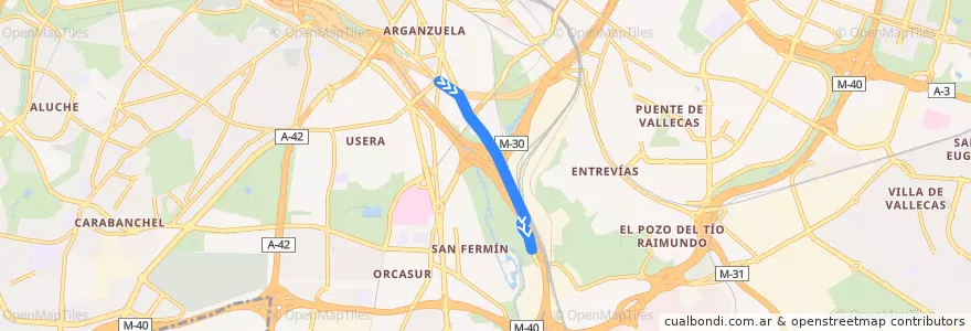 Mapa del recorrido Bus 180: Legazpi → Caja Mágica de la línea  en Madrid.