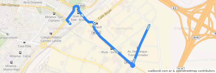 Mapa del recorrido Bus T23: P. I. Vicalvaro → Puerta Arganda de la línea  en 마드리드.