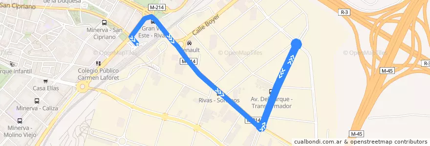 Mapa del recorrido Bus T23: Puerta Arganda → P. I. Vicalvaro de la línea  en 마드리드.