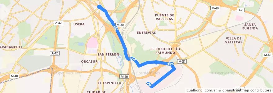 Mapa del recorrido Bus T32: Mercamadrid → Pza. De Legazpi de la línea  en Madrid.