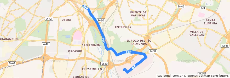 Mapa del recorrido Bus T32: Pza. De Legazpi → Mercamadrid de la línea  en Мадрид.