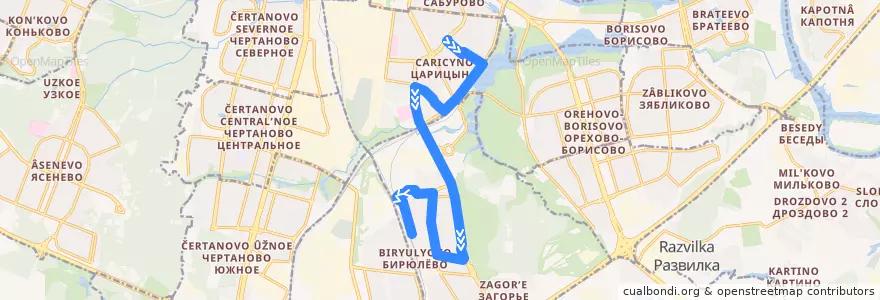 Mapa del recorrido Автобус 245: Кинотеатр "Эльбрус" => Станция Бирюлёво-Товарная de la línea  en Южный административный округ.