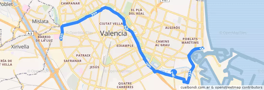 Mapa del recorrido Bus 95: Hospital General => Marina Real de la línea  en Comarca de València.