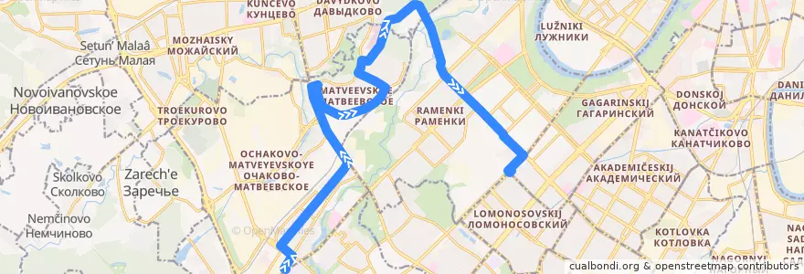 Mapa del recorrido Автобус 187: Озёрная улица - метро "Университет" de la línea  en Западный административный округ.