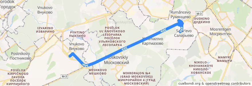 Mapa del recorrido Автобус 911: Метро "Саларьево" - аэропорт Внуково de la línea  en Moskovsky Settlement.