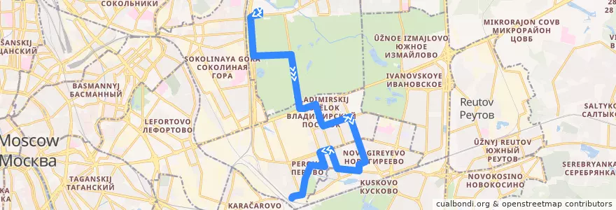 Mapa del recorrido Автобус №7: метро "Партизанская" - станция Перово de la línea  en Восточный административный округ.