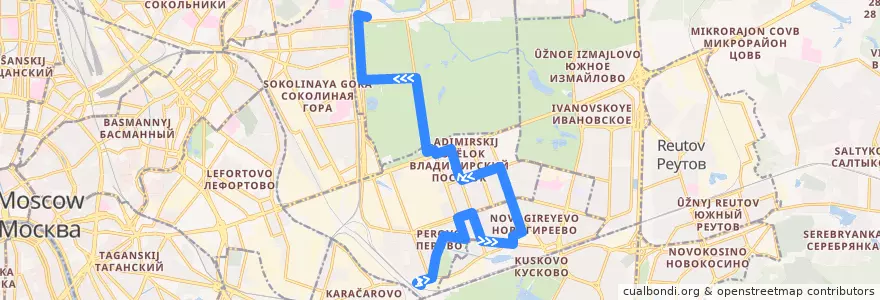 Mapa del recorrido Автобус №7: станция Перово - метро "Партизанская" de la línea  en Eastern Administrative Okrug.