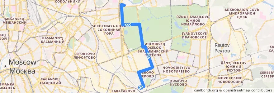Mapa del recorrido Автобус №131: станция Перово - метро "Партизанская" de la línea  en Östlicher Verwaltungsbezirk.