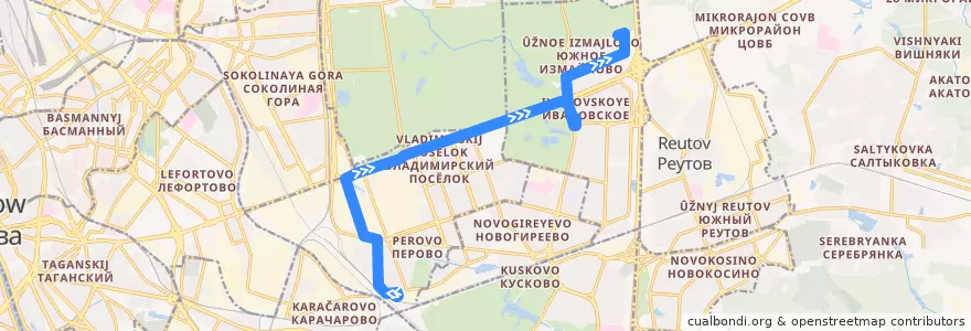Mapa del recorrido Автобус 214: Станция Перово => Южное Измайлово de la línea  en Восточный административный округ.