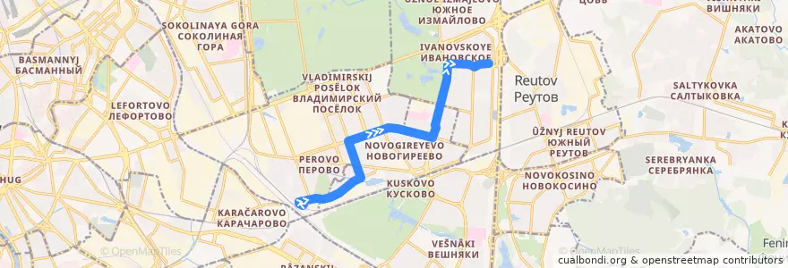 Mapa del recorrido Автобус №617: станция "Перово" - Ивановское de la línea  en Eastern Administrative Okrug.