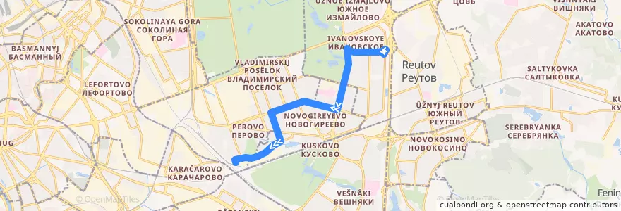 Mapa del recorrido Автобус №617: Ивановское - Станция Перово de la línea  en Östlicher Verwaltungsbezirk.
