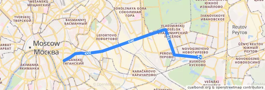 Mapa del recorrido Автобус Т53: Платформа Новогиреево => Метро «Таганская» de la línea  en Москва.